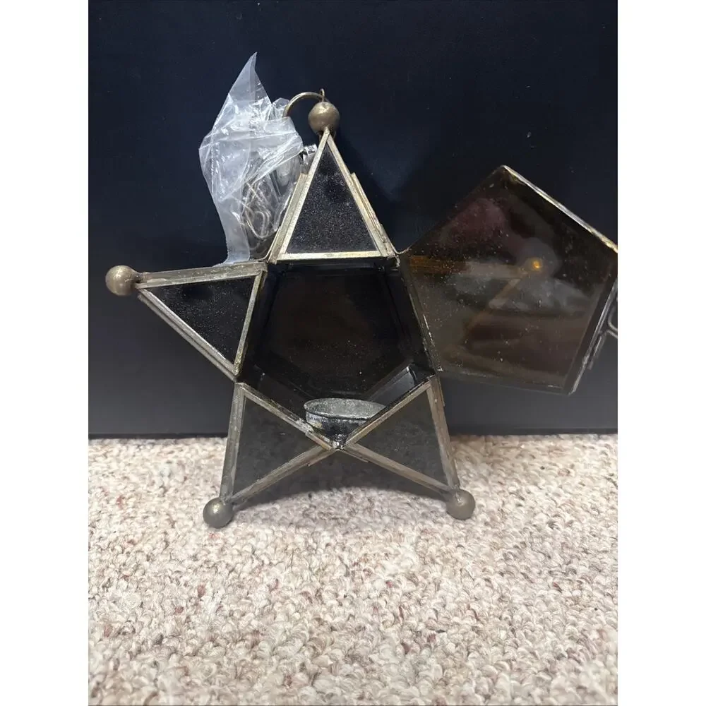 NEW Pier 1 Amber Moroccan Star Lantern Candle Holder Leaded Glass 8” Tea Lights